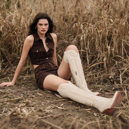 Over Knee Western Cowboy Boots Women Chunky Heel Embroidered