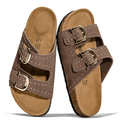 Women's Leather Cork Footbed Flat Slide Sandals