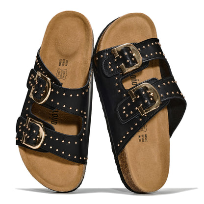 Women's Leather Cork Footbed Flat Slide Sandals