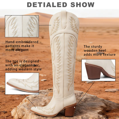 Over Knee Western Cowboy Boots Women Chunky Heel Embroidered