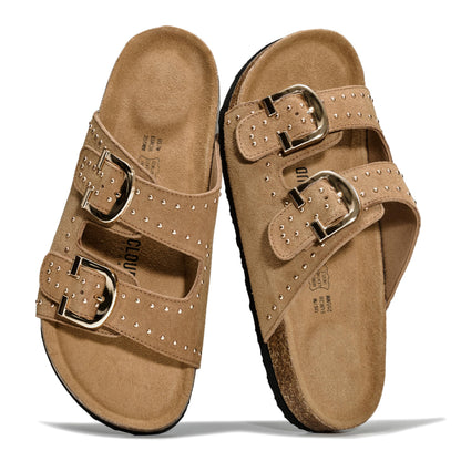 Women's Leather Cork Footbed Flat Slide Sandals
