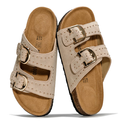 Women's Leather Cork Footbed Flat Slide Sandals